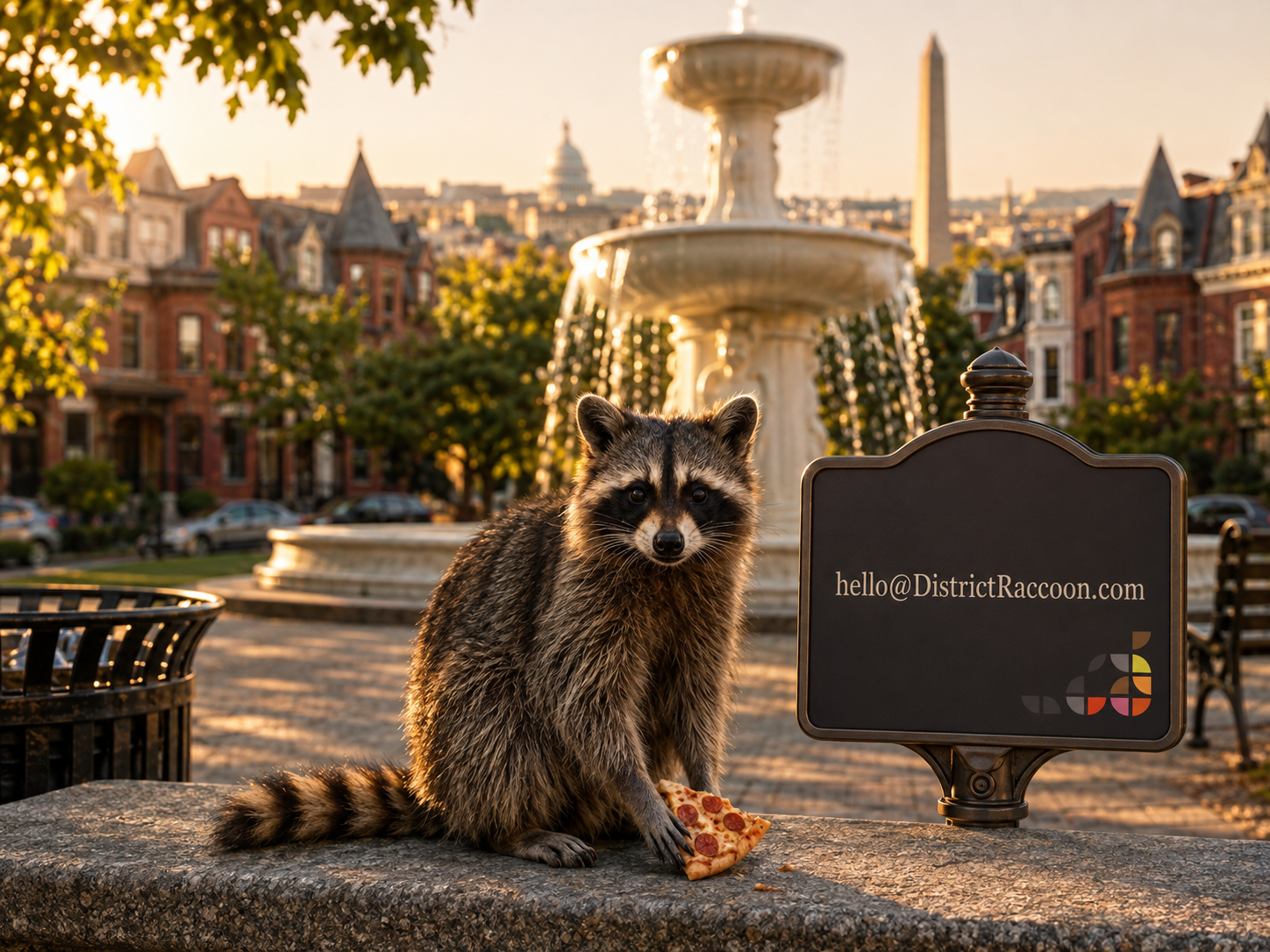 A raccoon at Dupont Circle beside a District Raccoon sign